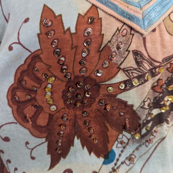 Y2K Forbidden 3/4 Sleeve V-Neck Velvet Trim Beaded Top Tan and Blue Size Medium - Picture 5 of 12